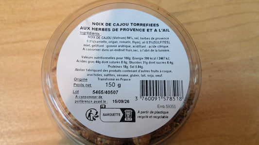 Halles du Nord. Noix de Cajou Herbes de Provence à l'ail 150g