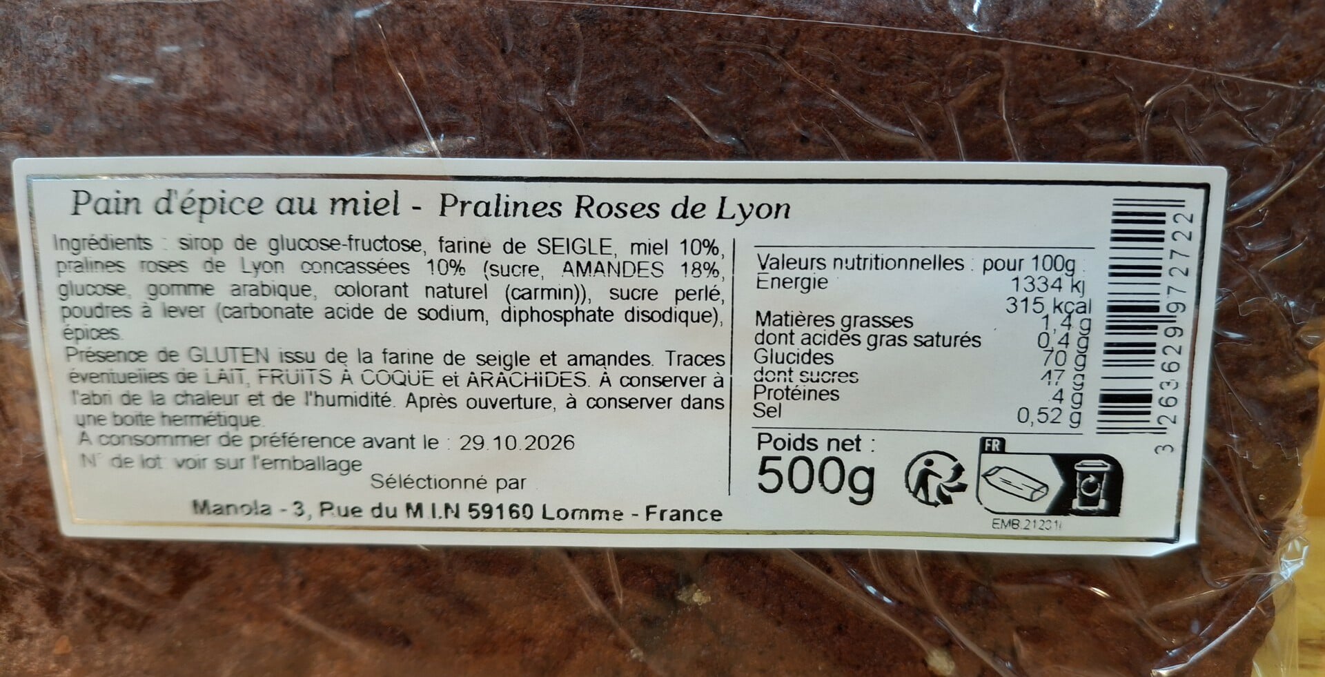 Halles du Nord. Pain d'épices au miel Pralines Roses de Lyon à l'ancienne